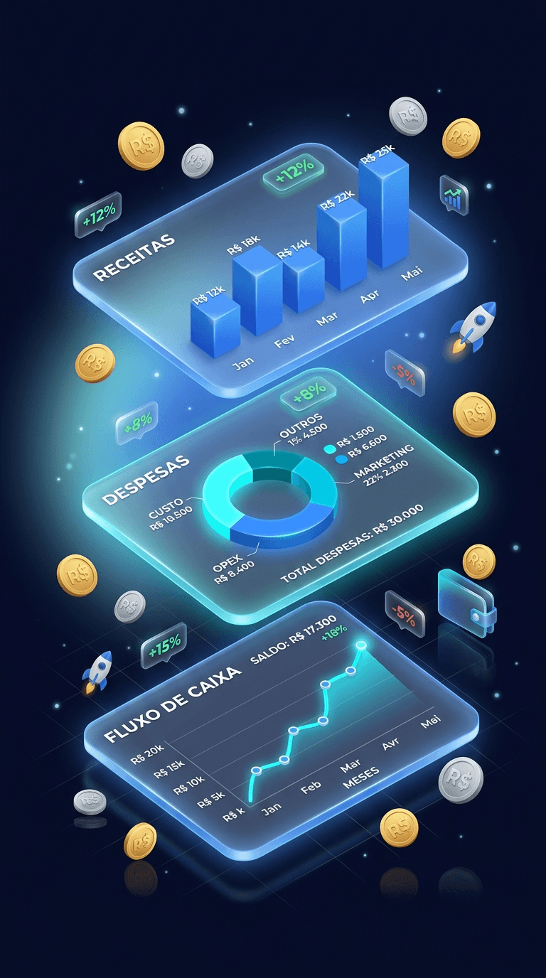 Dashboard financeiro do JobFinance com receitas, despesas e fluxo de caixa